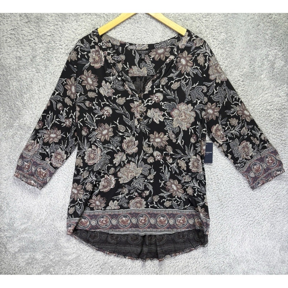 NWT Lucky Brand Womens Black Floral 3/4 Sleeve Tunic Blouse 1X V Neck Boho - Picture 4 of 10